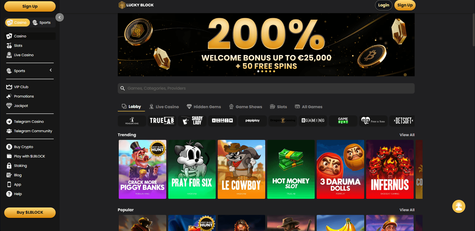 luckyblock online casinos main page